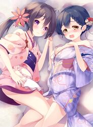  2girls akebono_(kantai_collection) alternate_costume bell black_hair blush breasts commentary_request flower gengetsu_chihiro hair_bell hair_flower hair_ornament japanese_clothes jingle_bell kantai_collection kimono long_hair medium_breasts multiple_girls obi open_mouth pink_flower purple_hair sash side_ponytail ushio_(kantai_collection) violet_eyes wide_sleeves yellow_eyes yukata 