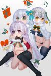  3girls :o bangs bell black_bra black_legwear black_panties blue_bow blush bow bra braid brown_eyes cake commentary_request covered_mouth eyebrows_visible_through_hair fake_mustache fate/grand_order fate_(series) food fur-trimmed_capelet fur-trimmed_cloak gaoyang_ou_nisang green_bow green_eyes grey_background hair_between_eyes headpiece highres hug hug_from_behind jack_the_ripper_(fate/apocrypha) jeanne_d&#039;arc_(fate)_(all) jeanne_d&#039;arc_alter_santa_lily kneeling long_hair multiple_girls nursery_rhyme_(fate/extra) open_mouth panties plate pom_pom_(clothes) purple_hair purple_panties red_cloak scar scar_across_eye scar_on_cheek silver_hair slice_of_cake thigh-highs underwear upper_teeth very_long_hair violet_eyes white_capelet white_cloak 