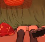  1girl black_legwear camera commentary_request floral_print gluteal_fold holding holding_camera houjuu_nue indoors kotatsu lower_body miyo_(ranthath) panties table thigh-highs touhou under_table underwear white_panties 
