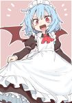  1girl alternate_costume apron ascot bat_wings black_dress blue_hair brooch commentary_request dress enmaided jewelry long_sleeves looking_at_viewer maid maid_apron maid_headdress oninamako open_mouth red_eyes red_neckwear remilia_scarlet simple_background smile solo touhou wings 