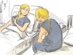  2boys alphonse_elric bandage bed bed_sheet blonde_hair brothers edward_elric fullmetal_alchemist glass grey_shirt long_hair looking_at_another lying male_focus multiple_boys nore_(boosuke) pillow ponytail shirt siblings sitting smile yellow_eyes 