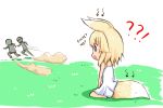  ! 1girl 2boys ?? animal_ears bare_arms blonde_hair comic day directional_arrow disappointed dress fleeing fox_ears fox_girl fox_tail grass greenteaneko highres long_hair looking_away multiple_boys on_grass open_mouth original outdoors running sitting sleeveless sleeveless_dress sweat tail violet_eyes wariza wavy_mouth white_dress 