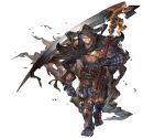  1boy abs armor armored_boots bandage boots cape dark_skin doraf gloves granblue_fantasy hood horns male_focus minaba_hideo one_eye_covered red_eyes scythe solo torn_clothes transparent_background vaseraga 