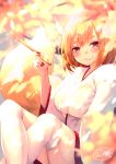 1girl animal_ears bangs blonde_hair blurry blush breasts chita_(ketchup) clenched_teeth commentary_request depth_of_field fingernails fox_ears fox_girl fox_tail grin hair_ornament hakama highres holding holding_pipe japanese_clothes kimono kiseru knees_up large_breasts legs_crossed long_sleeves looking_at_viewer miko nail_polish original pipe red_eyes red_hakama red_nails short_hair signature sitting smile solo tail teeth thick_eyebrows thigh-highs twitter_username white_legwear wide_sleeves 