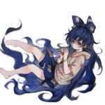  1girl bare_legs barefoot blue_bow blue_eyes blue_hair blue_skirt bow bowl bracelet damaged drawstring full_body hair_bow heoningu holding hood hoodie jewelry long_hair looking_at_viewer miniskirt simple_background skirt solo touhou very_long_hair white_background yorigami_shion 