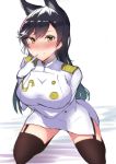  1girl absurdres animal_ears atago_(azur_lane) azur_lane bangs black_hair blush breasts brown_eyes buttons closed_mouth commentary_request garter_straps gloves highres large_breasts long_hair looking_at_viewer military military_uniform misonikomi mole mole_under_eye nose_blush pencil_skirt ribbon skirt swept_bangs uniform white_gloves white_ribbon white_skirt 
