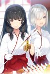  2girls :d black_hair blue_eyes gloves hair_over_one_eye hair_ribbon hakama hamakaze_(kantai_collection) highres isokaze_(kantai_collection) japanese_clothes kantai_collection long_hair meth_(emethmeth) miko multiple_girls open_mouth red_eyes red_hakama red_ribbon ribbon short_hair silver_hair smile tress_ribbon white_gloves wide_sleeves 