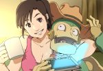  1boy 1girl breasts brown_eyes brown_hair choke_hold cleavage collarbone cowboy_hat cup grin hat holding holding_cup holographic_interface kanau large_breasts mina_(robot_on_the_road) mug ponytail robot robot_on_the_road robowo scarf smile strangling tablet tank_top upper_body 