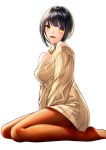  1girl black_hair blush breasts brown_legwear commentary_request idolmaster idolmaster_cinderella_girls kyon_(fuuran) large_breasts long_sleeves looking_at_viewer off_shoulder pantyhose ribbed_sweater seiza short_hair simple_background sitting smile solo sweater takafuji_kako white_background yellow_eyes 