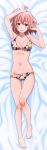  1girl absurdres arm_up armpits bare_shoulders barefoot bed_sheet breasts cleavage collarbone dakimakura eyebrows_visible_through_hair feet from_above full_body groin hair_between_eyes hair_twirling hand_in_hair highres jewelry looking_at_viewer lying medium_breasts navel necklace o-ring_top on_back orange_hair parted_lips red_eyes shiny shiny_skin short_hair smile solo toes yahari_ore_no_seishun_lovecome_wa_machigatteiru. yuigahama_yui 