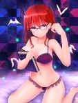  1girl barefoot bat_wings bespectacled blush book bra breasts cleavage glasses head_wings highres koakuma large_breasts long_hair looking_at_viewer navel panties purple-framed_eyewear purple_bra purple_panties pyonsuke_(pyon2_mfg) red_eyes redhead sitting smile solo strap_slip touhou underwear underwear_only wariza wings 