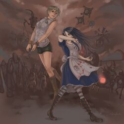  alice:_madness_returns alice_(wonderland) alice_in_wonderland american_mcgee&#039;s_alice apron black_hair blonde_hair blood boots breasts card_knights closer closer_(silent_hill_3) crossover dress graphite_(medium) heather_mason highres jewelry knife long_hair monster multiple_boys multiple_girls necklace numb_body nurse nurse_(silent_hill) pantyhose short_hair silent_hill striped striped_legwear traditional_media weapon 