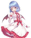  1girl bat_wings blue_hair bow breasts commentary cowboy_shot dress frills juliet_sleeves junior27016 long_sleeves looking_at_viewer medium_breasts neck_bow no_hat no_headwear open_mouth pointy_ears puffy_sleeves red_bow red_eyes red_neckwear red_sash remilia_scarlet short_hair smile solo touhou white_dress wings 