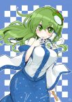  1girl azumaya_toushirou bare_shoulders blouse blush breasts commentary_request detached_sleeves eyebrows_visible_through_hair frog_hair_ornament green_eyes green_hair hair_ornament hair_tubes hand_to_own_mouth highres hips kochiya_sanae large_breasts long_hair long_skirt looking_at_viewer oonusa skirt smile snake_hair_ornament solo tight touhou vest wide_sleeves 
