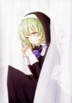 1girl absurdres alternate_costume closed_mouth green_eyes green_hair habit hands_up heart heart_of_string highres honotai interlocked_fingers komeiji_koishi looking_at_viewer nun own_hands_together robe scan see-through sitting smile solo third_eye touhou 