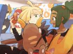  4boys alola_form alolan_raichu bangs_pinned_back baseball_cap brown_hair dark_skin dark_skinned_male food gladio_(pokemon) green_eyes hair_over_one_eye hat hau_(pokemon) hood hoodie malasada male_focus multiple_boys ookido_green ookido_green_(sm) pokemon pokemon_(creature) pokemon_(game) pokemon_sm raichu red_(pokemon) red_(pokemon)_(sm) shirt short_ponytail siroromo spiky_hair t-shirt 