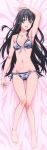  1girl absurdres arm_up armpits bare_shoulders barefoot bed_sheet bikini black_hair blue_eyes breasts cleavage collarbone dakimakura feet from_above front-tie_bikini front-tie_top full_body groin highres jewelry long_hair looking_at_viewer lying navel necklace on_back open_mouth shiny shiny_skin side-tie_bikini sideboob small_breasts smile solo swimsuit very_long_hair yahari_ore_no_seishun_lovecome_wa_machigatteiru. yukinoshita_yukino 