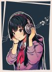  1girl akiyama_mio bangs black_eyes black_hair blue_background blush closed_mouth collared_shirt commentary eyebrows_visible_through_hair hands_on_headphones headphones hood hood_down hoodie k-on! long_hair looking_at_viewer musical_note neckerchief red_neckwear satchely shirt smile solo white_shirt wing_collar wristband 