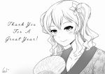  blush breasts cleavage commentary english eyebrows_visible_through_hair fan floral_print flower greyscale hair_flower hair_ornament japanese_clothes kantai_collection kashima_(kantai_collection) kimono monochrome new_year paper_fan signature smile twintails uchiwa wangphing wavy_hair 
