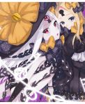  2girls :o abigail_williams_(fate/grand_order) bangs black_bow black_dress black_gloves black_hat black_panties blonde_hair blue_eyes bow butterfly closed_mouth dress dual_persona elbow_gloves fate/grand_order fate_(series) gloves hair_bow hat hat_bow himesakire_mon keyhole long_hair long_sleeves looking_at_viewer multiple_girls orange_bow panties parted_bangs parted_lips polka_dot polka_dot_bow skirt sleeves_past_wrists underwear very_long_hair violet_eyes white_skirt witch_hat 