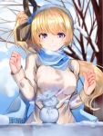  1girl bangs bare_tree black_ribbon blonde_hair blue_scarf blurry blurry_background blush breasts closed_mouth commentary_request depth_of_field ekusera eyebrows_visible_through_hair hair_between_eyes hair_ribbon highres long_hair long_sleeves looking_at_viewer medium_breasts ribbed_sweater ribbon scarf shironeko_project smile snow snowman solo sophie_(shironeko_project) sweater tree very_long_hair violet_eyes white_sweater 