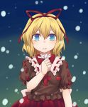  1girl bangs blonde_hair blue_eyes bow bowtie closed_mouth expressionless flower hair_between_eyes hair_ribbon holding holding_flower looking_at_viewer medicine_melancholy miyo_(ranthath) puffy_short_sleeves puffy_sleeves red_neckwear red_ribbon ribbon short_hair short_sleeves solo touhou 