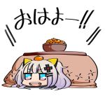  1girl :d bangs blue_eyes bowl chibi commentary_request eyebrows_visible_through_hair fangs food fruit gingami_(giluziru) hair_ornament hairclip kaguya_luna kaguya_luna_(character) kotatsu looking_at_viewer lying mandarin_orange multicolored multicolored_eyes on_stomach open_mouth pink_eyes purple_hair simple_background smile solo table twintails under_kotatsu under_table white_background 
