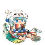  1girl :3 animal_hat barefoot blue_bow blue_eyes blush bow cat christmas_lights cirno closed_eyes electric_socket hair_bow hat moyazou_(kitaguni_moyashi_seizoujo) no_nose scarf short_hair sitting touhou white_background white_hat 