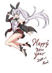 1girl armpit_peek ass bangs bare_shoulders black_footwear black_jacket black_ribbon black_skirt blouse breasts brown_eyes buttons dated earrings five-seven_(girls_frontline) five-seven_(gun) full_body girls_frontline gun hair_ornament hair_ribbon handgun happy_new_year high_heels holding holding_gun holding_weapon jacket jewelry kael_kuro large_breasts long_hair new_year off_shoulder open_mouth pleated_skirt ponytail ribbon sidelocks signature silver_hair skirt smile solo thigh_strap trigger_discipline weapon white_background white_blouse zipper 