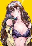  1girl black_bra bra breasts brown_hair cigarette collarbone earrings highres ichinose_shiki idolmaster idolmaster_cinderella_girls jewelry long_hair looking_away medium_breasts mouth_hold open_clothes open_shirt otimusyairoha parted_lips shirt smoking solo underwear very_long_hair yellow_background yellow_shirt 