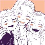  1girl 2boys alphonse_elric black_shirt blush blush_stickers brothers closed_eyes edward_elric eyebrows_visible_through_hair fingernails fullmetal_alchemist happy hug long_hair monochrome mother_and_son multiple_boys open_mouth pink_background ponytail shirt short_hair siblings simple_background smile trisha_elric white_shirt 