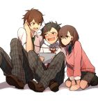  1girl 2boys anzu_(ensemble_stars!) black_hair blush brown_hair earphones ensemble_stars! hyaku_(pixiv_1804749) long_hair morisawa_chiaki multicolored_hair multiple_boys nagumo_tetora necktie open_mouth pants plaid plaid_skirt school_uniform short_hair skirt smile streaked_hair yumenosaki_school_uniform 