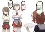  3girls breast_padding brown_eyes brown_hair commentary crossed_arms diadem engrish glasses height_difference kantai_collection long_sleeves misumi_(niku-kyu) multiple_girls open_mouth pince-nez plate ranguage roma_(kantai_collection) shiratsuyu_(kantai_collection) short_hair shorts_under_skirt speech_bubble taihou_(kantai_collection) thigh-highs white_legwear 