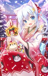  1girl 2018 :d animal animal_ears animal_on_lap animal_print blue_eyes bone_print dog dog_ears dog_print ema fang flower hair_between_eyes hair_flower hair_ornament hairclip holding japanese_clothes kimono light_blue_hair long_hair looking_at_viewer new_year open_mouth original paw_print ponytail print_kimono smile snowing solo squatting star_in_eye torii tree wide_sleeves yano_mitsuki year_of_the_dog 