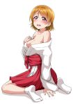  \||/ bare_shoulders blush breasts brown_hair cleavage clothes_down commentary_request hakama highres japanese_clothes koizumi_hanayo large_breasts long_sleeves looking_back love_live! love_live!_school_idol_project miko no_shoes open_mouth red_hakama short_hair simple_background sitting tabi violet_eyes wariza white_background white_legwear yopparai_oni 