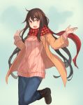  1girl ahoge bangs blue_background blush boots breasts brown_footwear brown_hair checkered_scarf denim gradient gradient_background hands_up jacket jeans knee_boots leg_up long_hair long_sleeves looking_at_viewer medium_breasts open_clothes open_jacket orange_jacket original pants peroncho pink_sweater red_eyes red_scarf scarf sidelocks solo standing standing_on_one_leg sweater tareme very_long_hair 