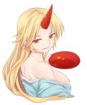  1girl blonde_hair breasts cup from_side holding horn hoshiguma_yuugi large_breasts leaf_print long_hair looking_at_viewer miyo_(ranthath) off_shoulder open_mouth orange_eyes pointy_ears sakazuki sideboob simple_background solo star touhou upper_body white_background 