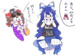  3girls bare_shoulders black_hat black_shirt bloomers blue_bow blue_eyes blue_hair blue_skirt blush bow bracelet brown_hair chibi_inset clothes_writing commentary_request earrings eyewear_on_head hair_bow hands_on_own_cheeks hands_on_own_face hands_up hat hat_bow hecatia_lapislazuli itatatata jacket jewelry laughing miniskirt multiple_girls necklace off-shoulder_shirt open_mouth pointing polos_crown purple_jacket red_bow redhead see-through shirt siblings simple_background sisters skirt sunglasses t-shirt top_hat touhou translation_request underwear white_background white_bow yorigami_jo&#039;on yorigami_shion 