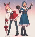  2girls animal_ears annie_mei annie_mei_project antlers bangs black_legwear blue_dress blue_eyes blue_hair blush boots box breasts caleb_thomas candy capelet choker christmas cleavage_cutout dress fake_animal_ears fake_antlers food gift gift_box glasses high_heel_boots high_heels leaning_forward lips lipstick looking_at_viewer makeup medium_breasts megan_(annie_mei_project) meme_attire mistletoe mittens multiple_girls open-chest_sweater parted_lips red_skirt reindeer_antlers semi-rimless_eyewear skirt snow standing sweater swept_bangs thigh-highs under-rim_eyewear white_sweater wrist_cuffs zettai_ryouiki 