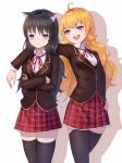  2girls animal_ears black_hair blake_belladonna blonde_hair blue_eyes cat_ears hand_on_another&#039;s_shoulder highres long_hair looking_at_another looking_at_viewer multiple_girls open_mouth rwby school_uniform simple_background smile standing thigh-highs violet_eyes yang_xiao_long zyl 