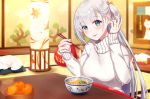  1girl alternate_costume azur_lane blue_eyes blush bowl breasts commentary_request eating eyebrows_visible_through_hair food fruit hair_ornament indoors kotatsu large_breasts long_hair long_sleeves looking_at_viewer mandarin_orange mole mole_under_eye mugi_(iccomae) ribbed_sweater shoukaku_(azur_lane) silver_hair smile solo sweater table tatami 