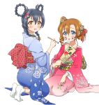  2girls alternate_hairstyle bangs blue_eyes blush braid commentary_request facepaint floral_print flower hair_between_eyes hair_flower hair_ornament hair_ribbon hair_rings japanese_clothes kimono kousaka_honoka long_hair long_sleeves looking_at_viewer love_live! love_live!_school_idol_project multiple_girls one_side_up open_mouth orange_hair ribbon seiza simple_background sitting smile sonoda_umi tetopetesone tongue tongue_out white_background wide_sleeves yellow_eyes 