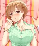  1girl :o aiba_yumi bangle bangs blush bracelet breasts brown_eyes brown_hair cleavage collared_shirt dress_shirt eyebrows_visible_through_hair from_above green_shirt hand_on_own_chest hands hands_up head_tilt idolmaster idolmaster_cinderella_girls jewelry long_sleeves looking_at_viewer lying medium_breasts necklace oga_raito on_back open_mouth pov shirt short_hair short_sleeves solo star_necklace striped sweat upper_body wing_collar 