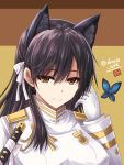  1girl animal_ears atago_(azur_lane) azur_lane badge black_hair breasts brown_eyes butterfly closed_mouth gloves hair_ribbon hand_up haura_akitoshi long_hair long_sleeves looking_at_viewer medium_breasts military military_uniform mole mole_under_eye ribbon shaded_face shiny shiny_hair smile solo sword tsurime twitter_username two-tone_background uniform upper_body weapon white_gloves white_ribbon yellow_background 