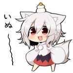  1girl animal_ears chibi detached_sleeves eyebrows_visible_through_hair fang food fruit hair_between_eyes inubashiri_momiji kagami_mochi long_sleeves looking_at_viewer orange pom_pom_(clothes) red_eyes short_hair simple_background skirt solo tail touhou translation_request twumi white_hair wide_sleeves wolf_ears wolf_tail year_of_the_dog 