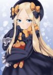  1girl abigail_williams_(fate/grand_order) absurdres bangs black_bow black_dress black_hat blonde_hair blue_eyes bow butterfly closed_mouth commentary_request dress eyebrows_visible_through_hair fate/grand_order fate_(series) forehead hair_bow hat highres long_hair long_sleeves looking_at_viewer object_hug orange_bow parted_bangs polka_dot polka_dot_bow sleeves_past_wrists solo stuffed_animal stuffed_toy teddy_bear very_long_hair yuuki_chima 