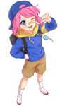  1girl :d aikatsu! aikatsu_stars! backpack backwards_hat bag bandaid bandaid_on_nose baseball_cap blue_eyes blush brown_shorts commentary_request crime_prevention_buzzer eyebrows_visible_through_hair full_body hand_on_hip hand_up hat highres hood hood_down hoodie looking_at_viewer one_eye_closed open_mouth pink_hair pointing pointing_at_self sakuraba_rola sekina shoes short_hair shorts simple_background smile socks solo v-shaped_eyebrows white_background white_legwear 