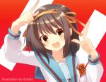  1girl brown_eyes brown_hair hairband kita_high_school_uniform looking_at_viewer school_uniform short_hair solo suzumiya_haruhi suzumiya_haruhi_no_yuuutsu yamai_fake 