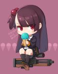  1girl black_footwear black_legwear black_skirt blush bullpup chibi collared_shirt commentary_request food full_body girls_frontline gun hair_bobbles hair_ornament holding holding_food ice_cream ice_cream_cone kneehighs long_hair long_sleeves looking_at_viewer mary_janes one_side_up pink_background pleated_skirt purple_hair ran_system red_eyes rifle scope shirt shoes sitting skirt sniper_rifle solo sprinkles translation_request v-shaped_eyebrows very_long_hair wa2000_(girls_frontline) walther walther_wa_2000 weapon white_shirt wing_collar 