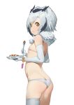  1girl animal_ears ass back bare_shoulders bra butt_crack closed_mouth cowboy_shot curry curry_rice eating elbow_gloves flat_chest food food_on_face from_behind fur_collar gloves grey_hair highres holding kemono_friends looking_at_viewer looking_back northern_white-faced_owl_(kemono_friends) panties rice short_hair simple_background single_thighhigh skindentation solo spoon standing thigh-highs underwear waterkuma white_background white_bra white_legwear white_panties wristband 